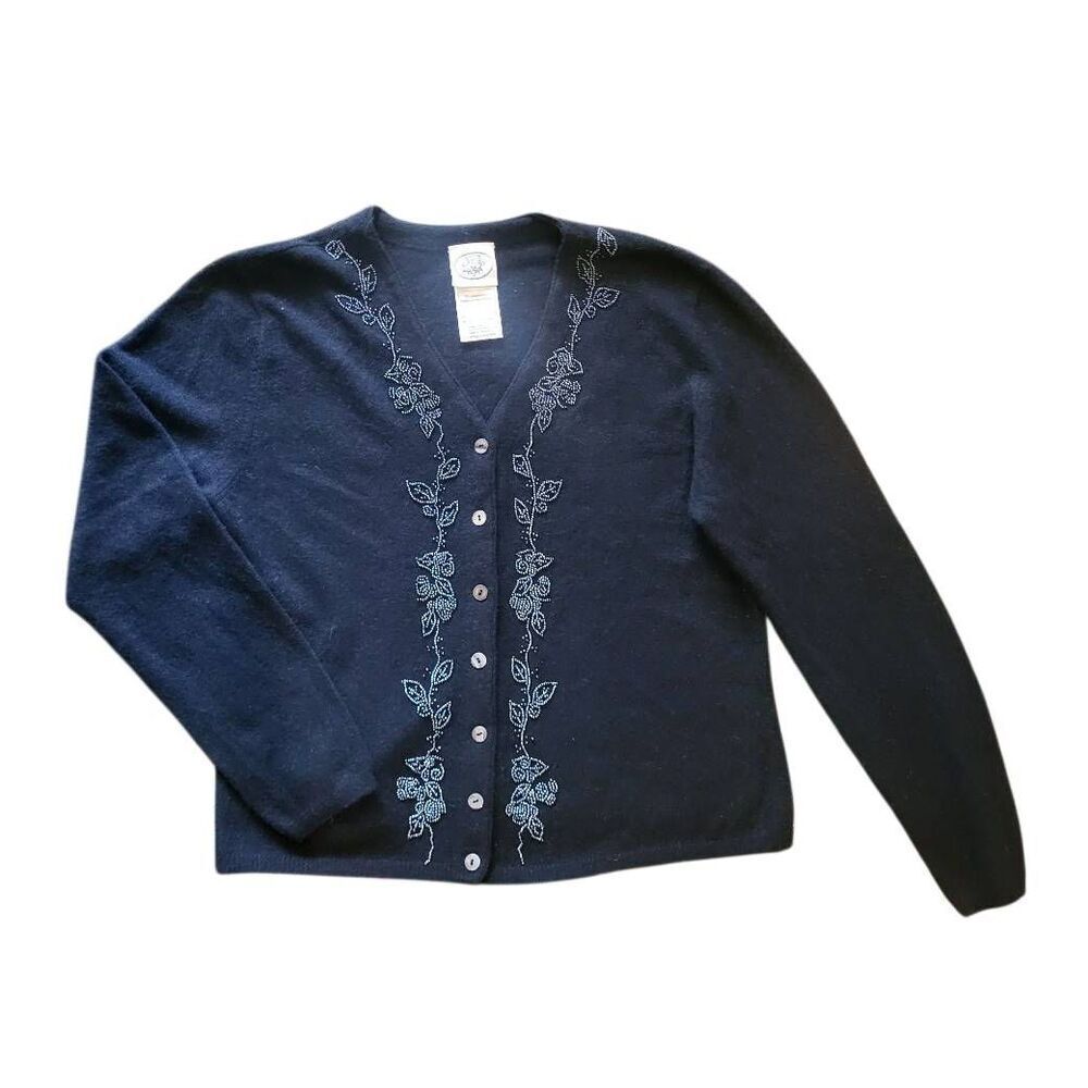 Vintage Laura Ashley Sweater Women's Large Black Cardigan Beaded Wool Angora